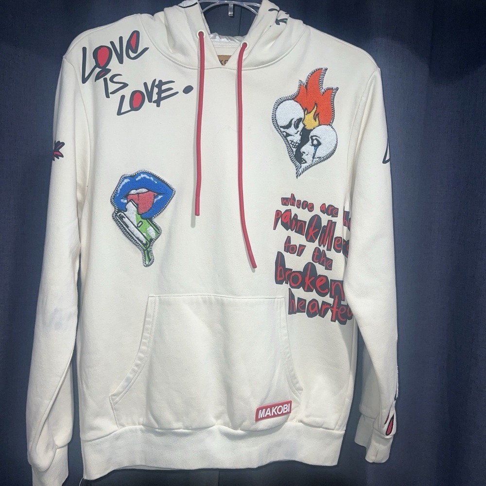 Makobi MK Hoodie Love Kills Cream Hip Hop Streetwear Size S Smile Now Cry Later